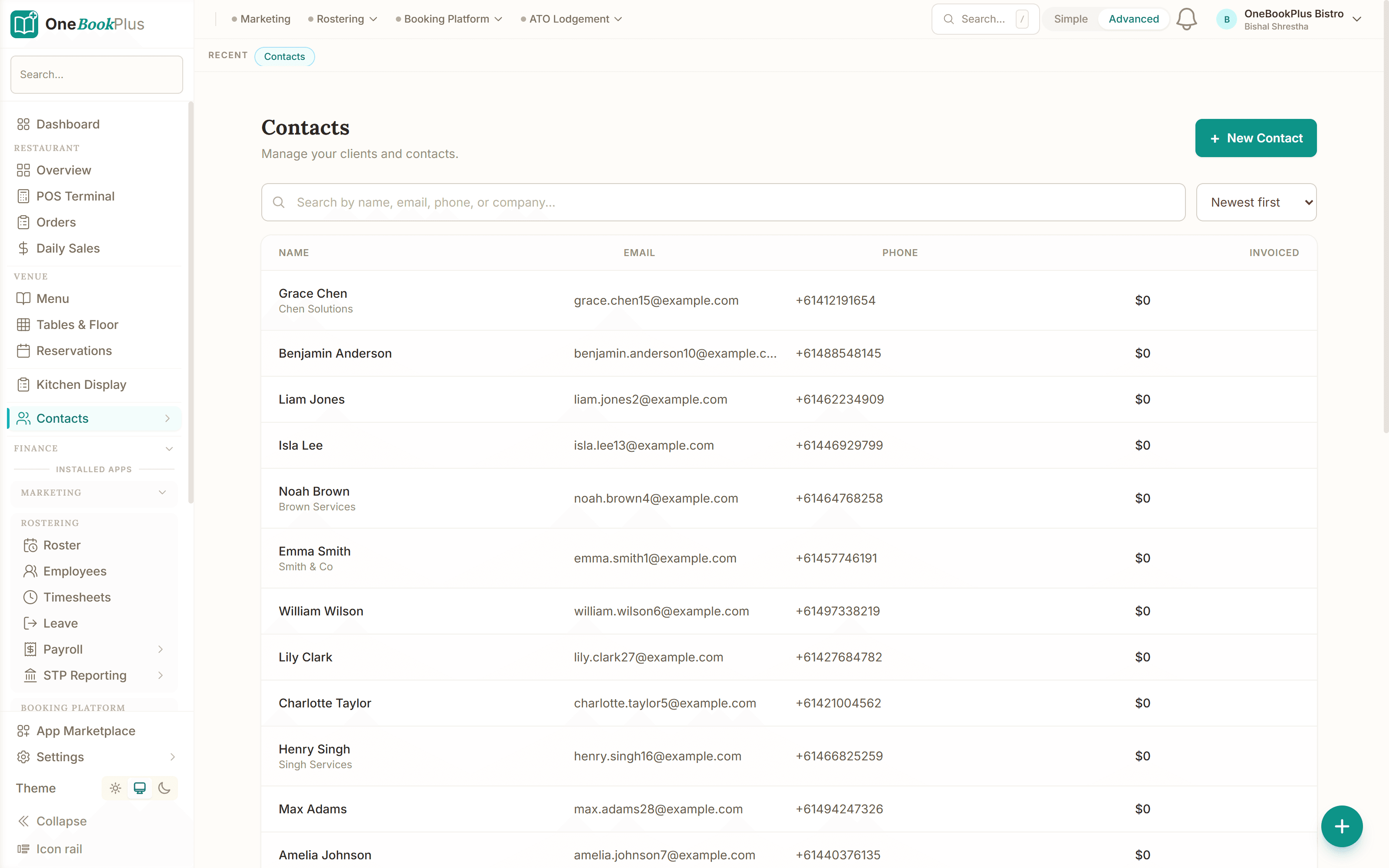 Contacts list with tags and filters