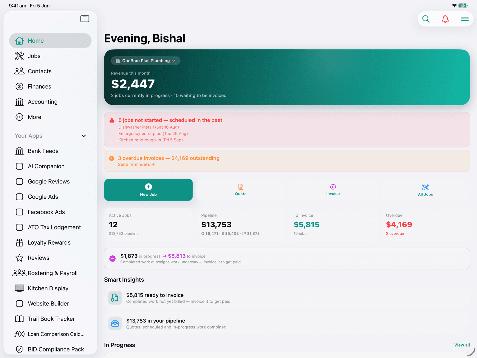 Business dashboard on iPad in the OneBookPlus app