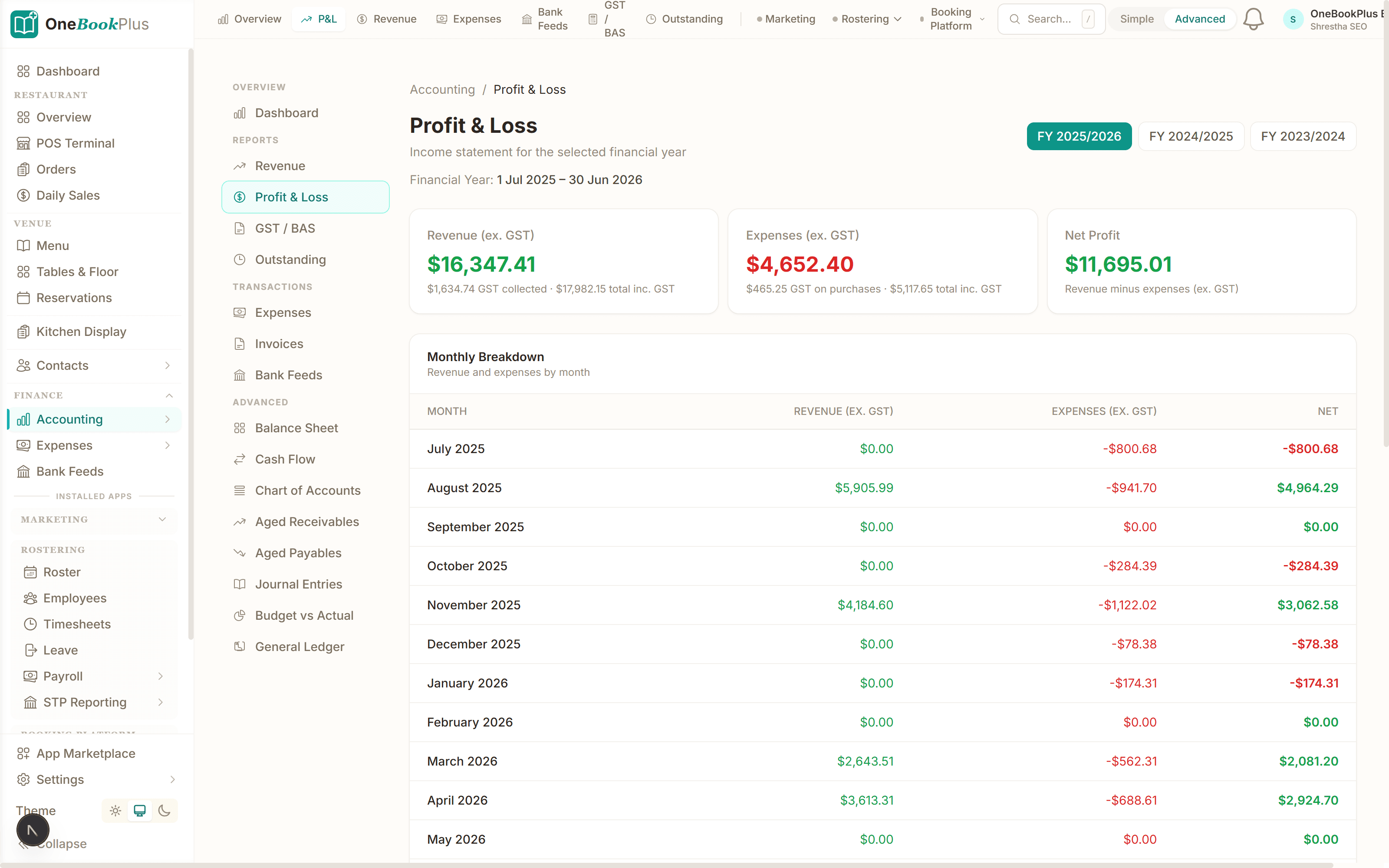 Profit & Loss with cash/accrual toggle and comparative columns