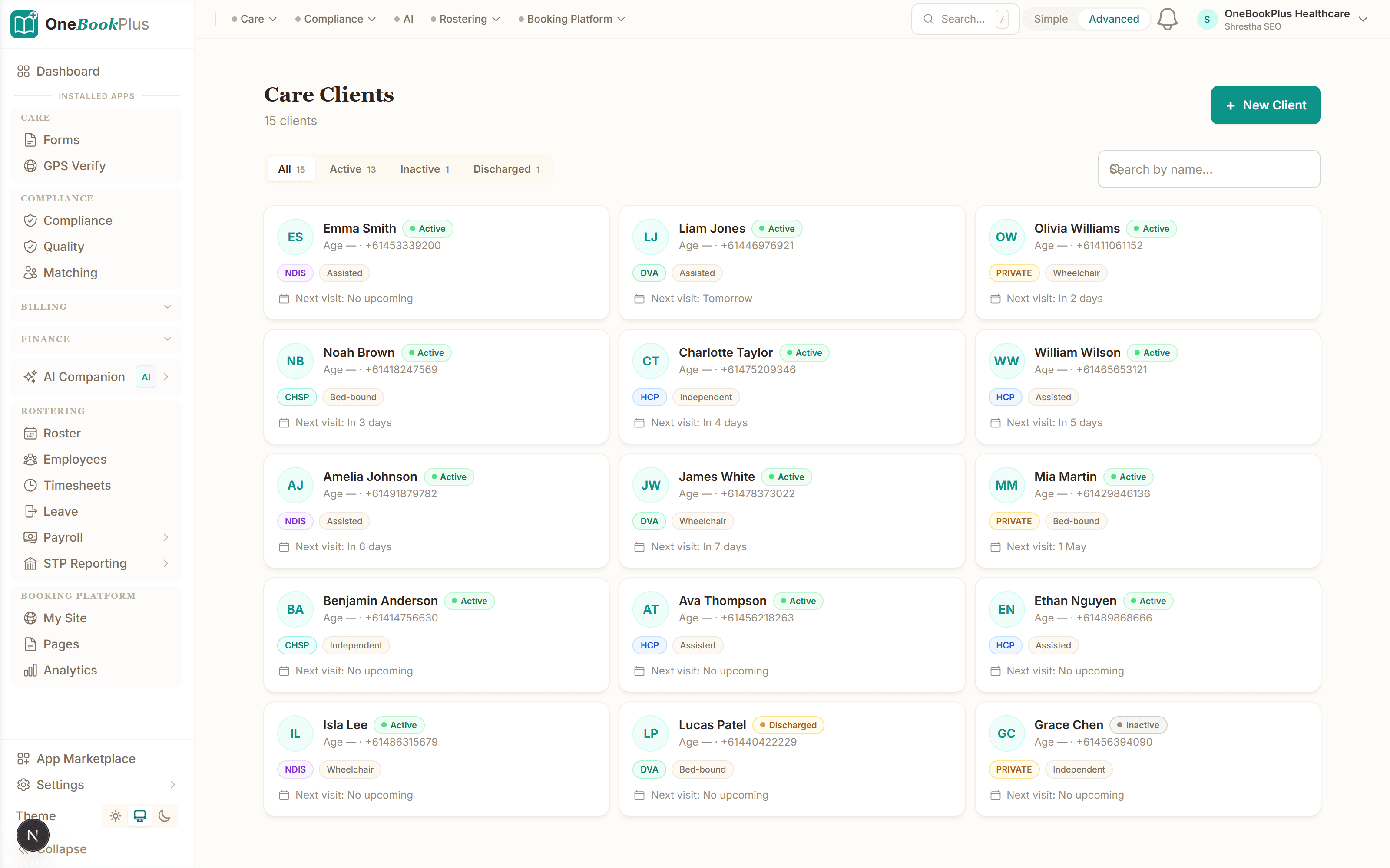 Clients list with funding at a glance
