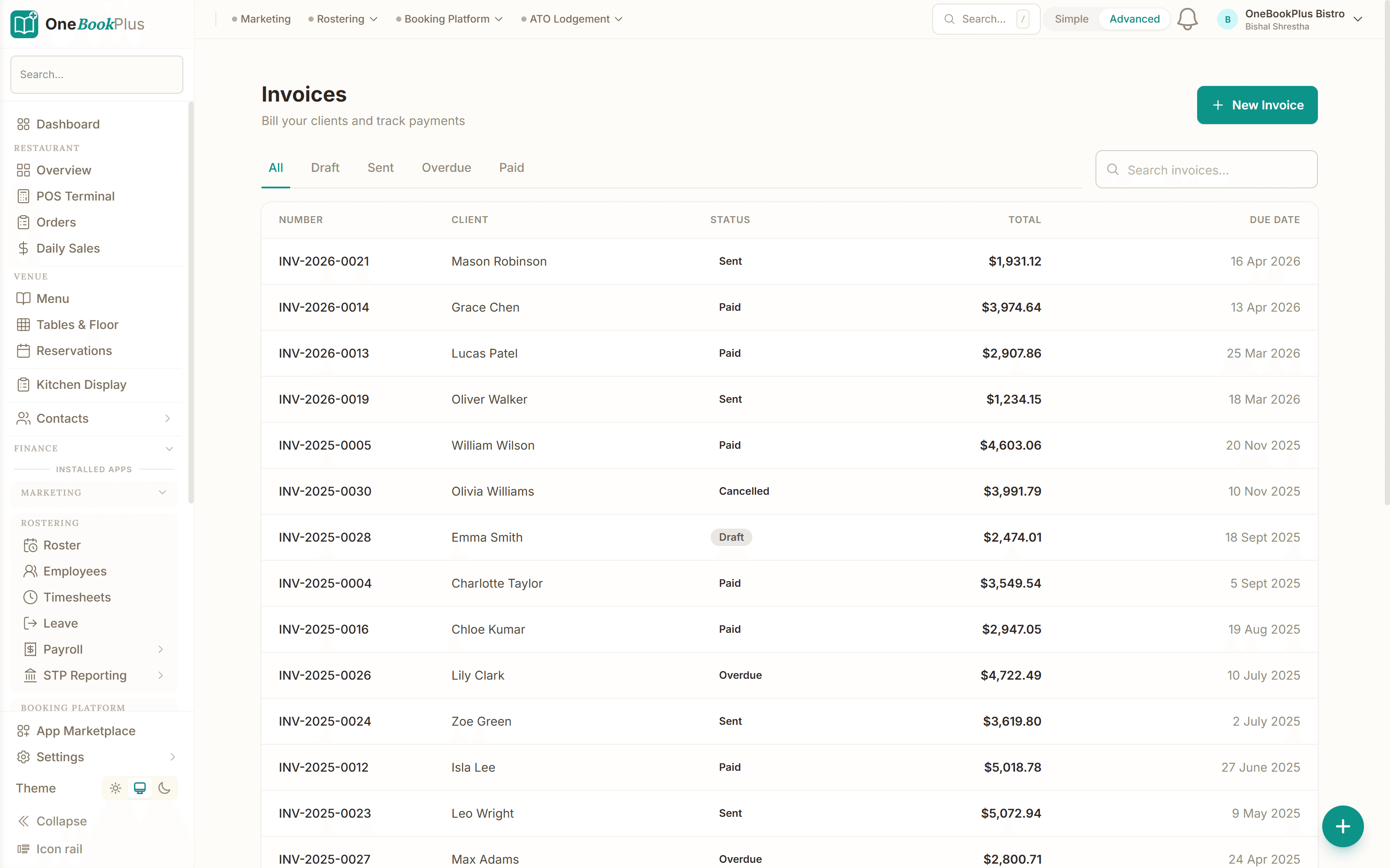 Invoice list with status filters