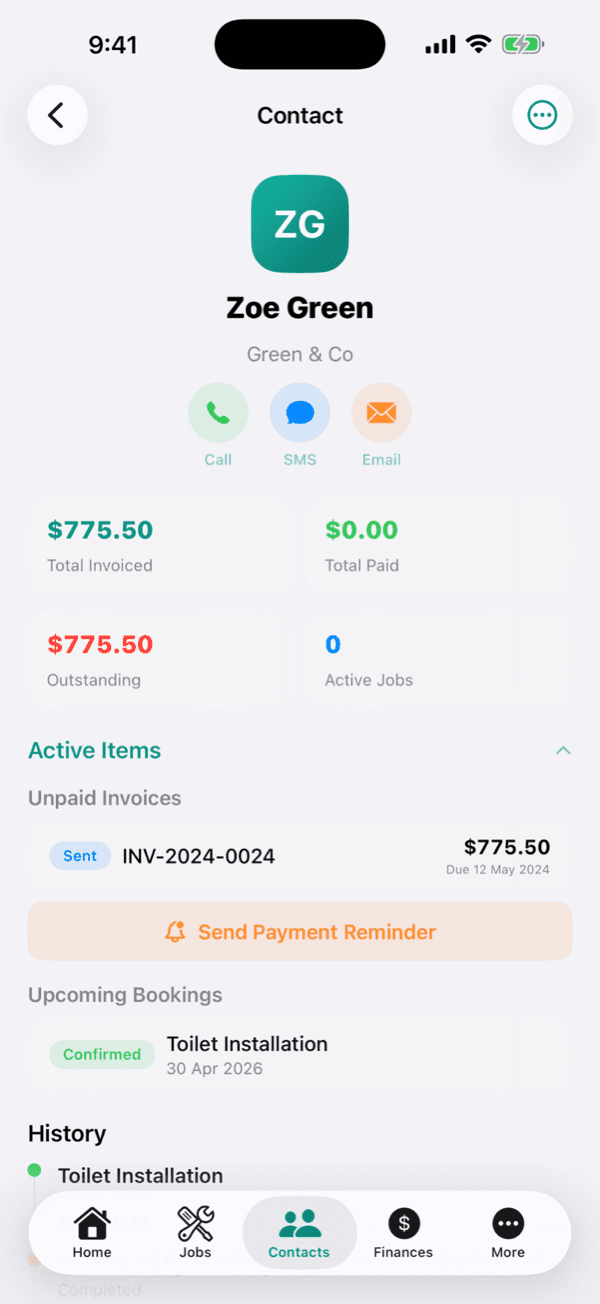 Customer contact record in the OneBookPlus iOS app
