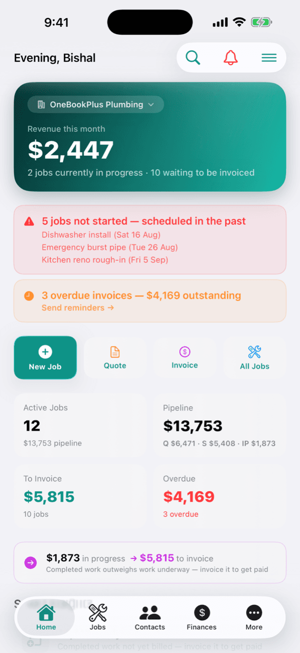 Business dashboard in the OneBookPlus iOS app