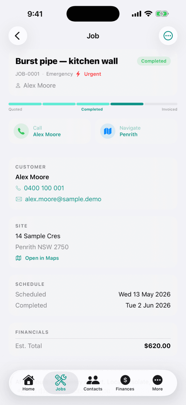 Job detail in the OneBookPlus iOS app