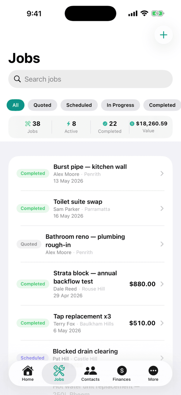 Jobs list in the OneBookPlus iOS app